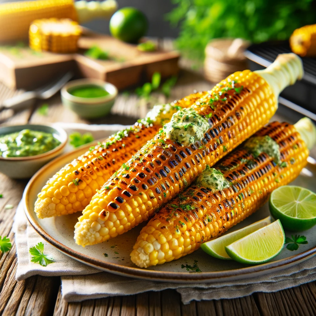 Plate of Grilled Corn on the Cob with Herb Butter, featuring slightly charred ears of corn brushed with herb butter, garnished with fresh herbs and served with lime wedges on a rustic wooden table in a summer barbecue setting.