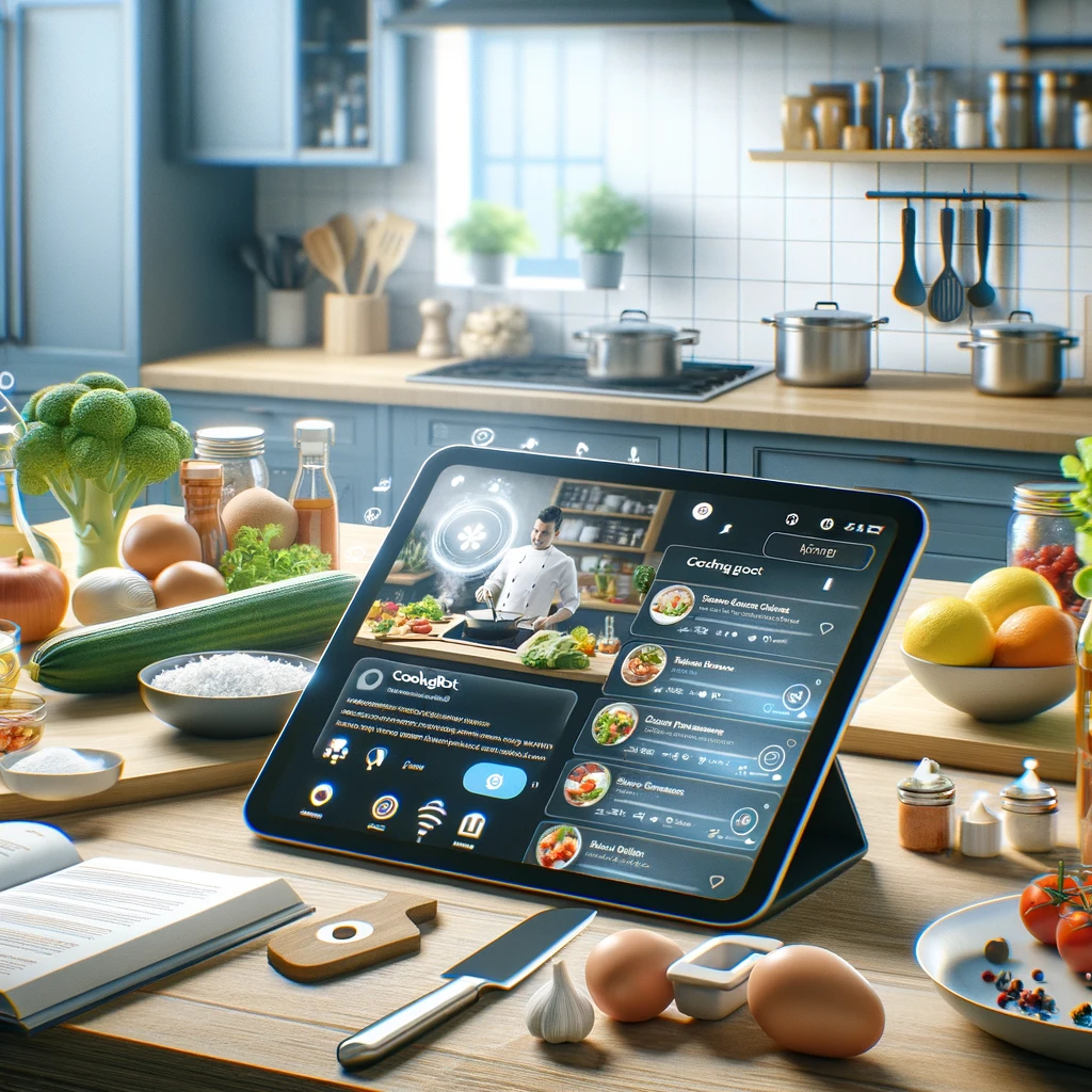 Modern kitchen scene showcasing CookingBot.com in action with a tablet displaying the app, fresh ingredients, cooking utensils, and a person preparing a meal, emphasizing CookingBot's features and benefits.