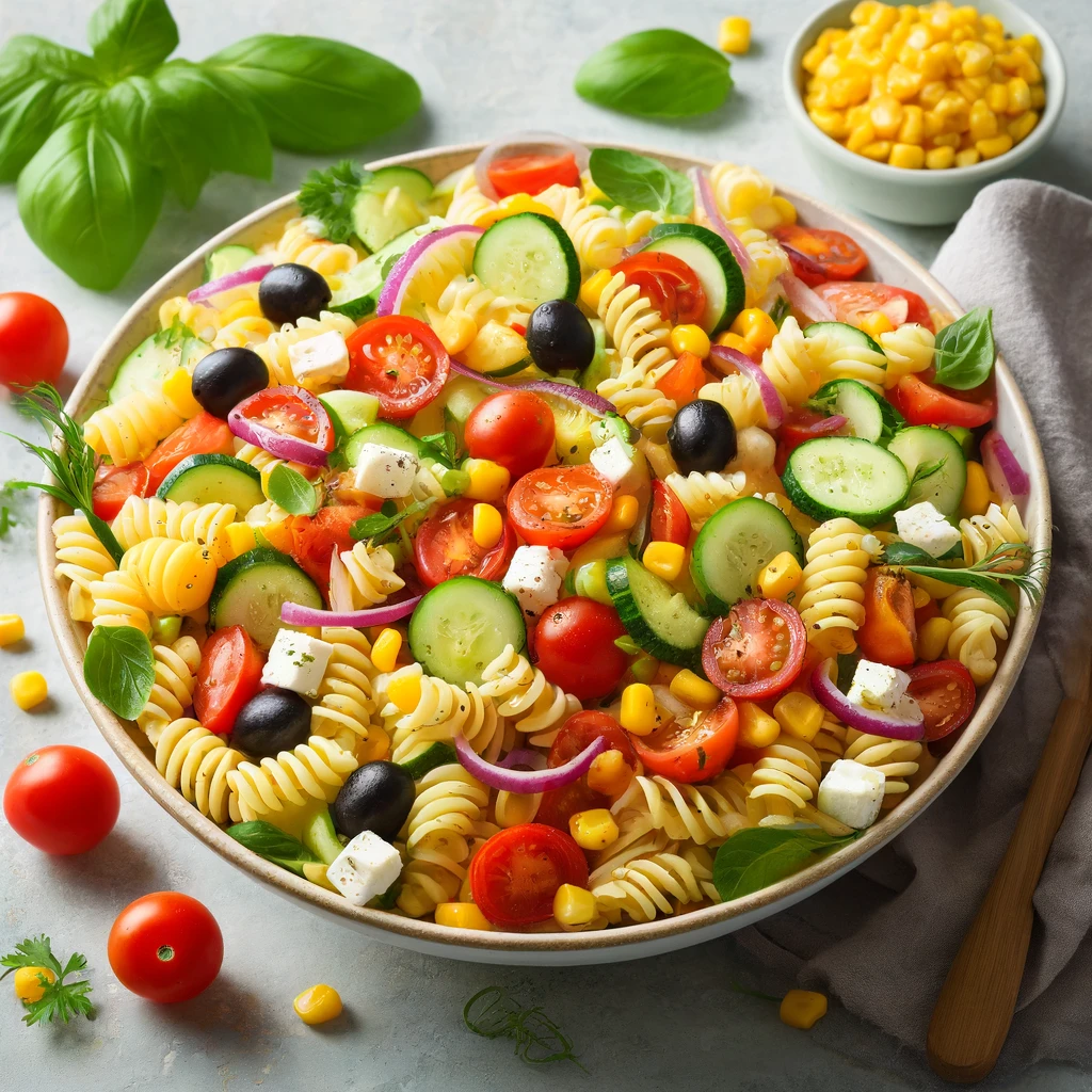 Fresh Summer Vegetable Pasta Salad with cherry tomatoes, cucumbers, bell peppers, red onion, corn, olives, feta cheese, and fresh herbs in a bowl.