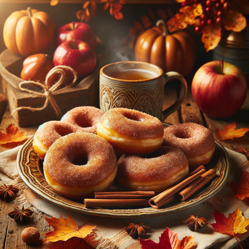 Freshly made Spiced Apple Cider Doughnuts on a rustic wooden table, surrounded by autumn decorations, under warm, inviting lighting.