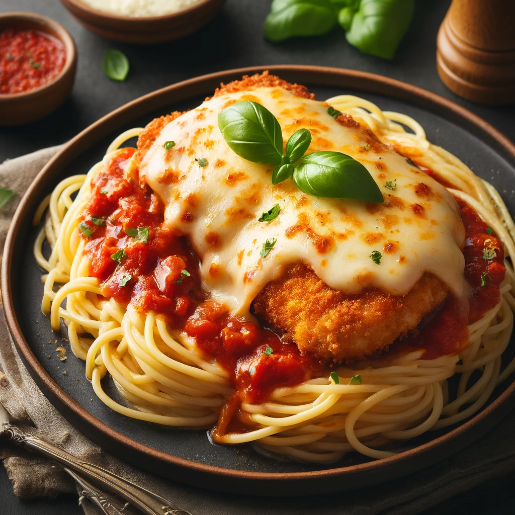 Classic Chicken Parmesan with breaded chicken, marinara sauce, and melted cheese, served with spaghetti.