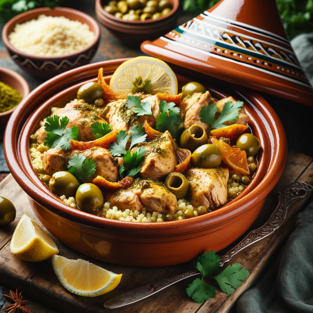 Moroccan Chicken Tagine with preserved lemons and olives, garnished with fresh herbs.