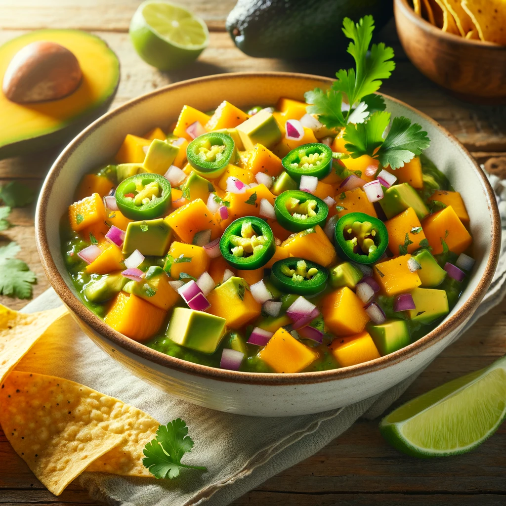 Vibrant bowl of Mango Avocado Salsa with mango cubes, avocado chunks, red onion, jalapeño, and cilantro, garnished with lime wedges, served with tortilla chips on a rustic wooden table.