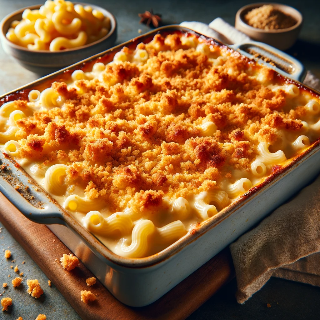 Ultimate Creamy Mac and Cheese with a golden breadcrumb topping, served in a baking dish.