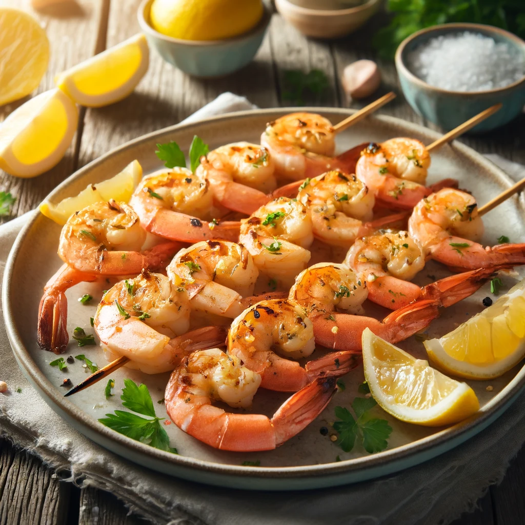 Plate of Grilled Shrimp Skewers with Garlic and Lemon, garnished with fresh parsley and lemon wedges, on a rustic wooden table with natural light highlighting the dish.