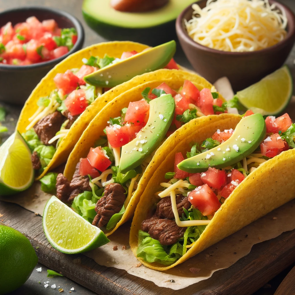 Savory Beef Tacos topped with fresh pico de gallo, shredded lettuce, cheese, and avocado slices, served with lime wedges.