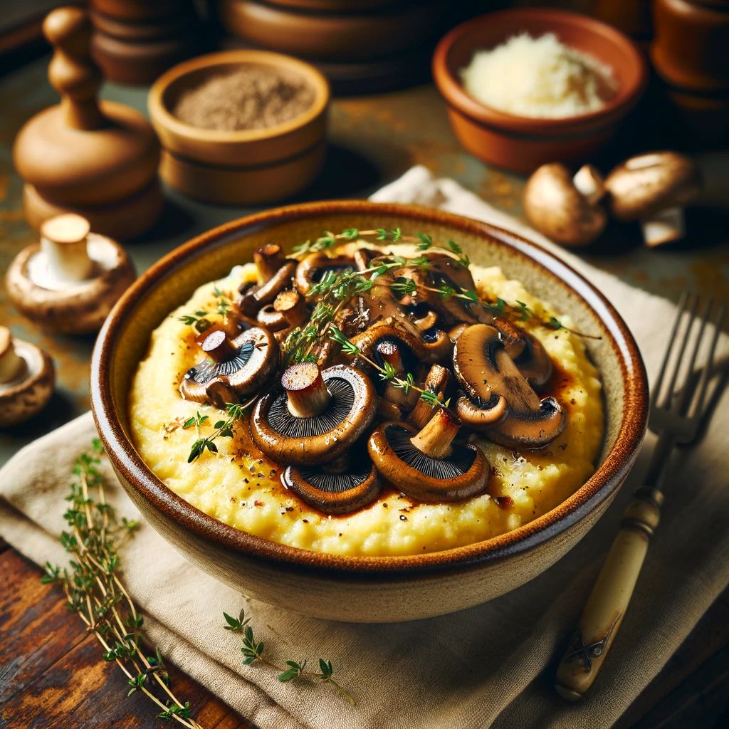 Creamy Polenta with Wild Mushrooms served in a rustic ceramic bowl, topped with sautéed mushrooms, fresh thyme, and Parmesan, set on a wooden table with vintage kitchen tools, emphasizing a warm, traditional Italian ambiance.