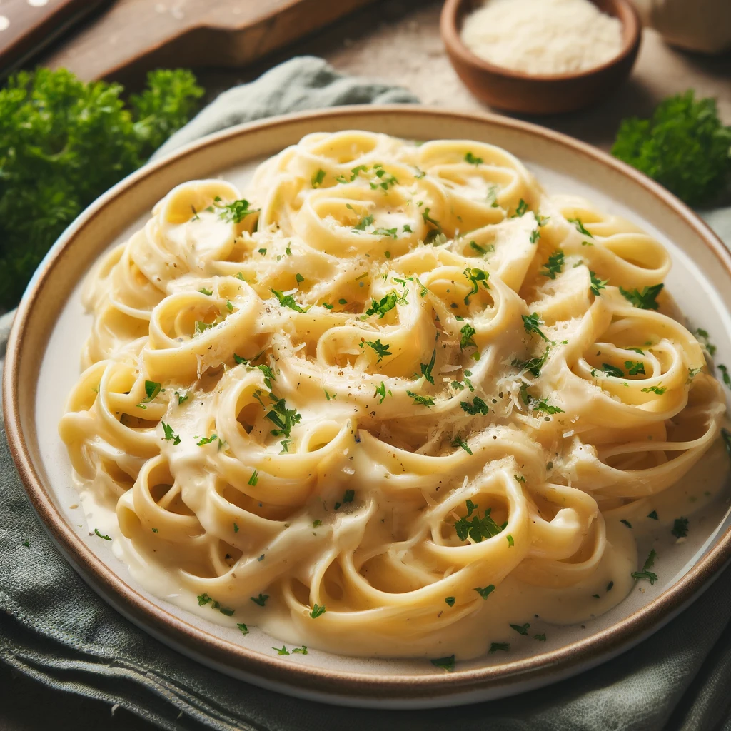 Homemade Fettuccine Alfredo with creamy Alfredo sauce, garnished with fresh parsley and grated Parmesan cheese.