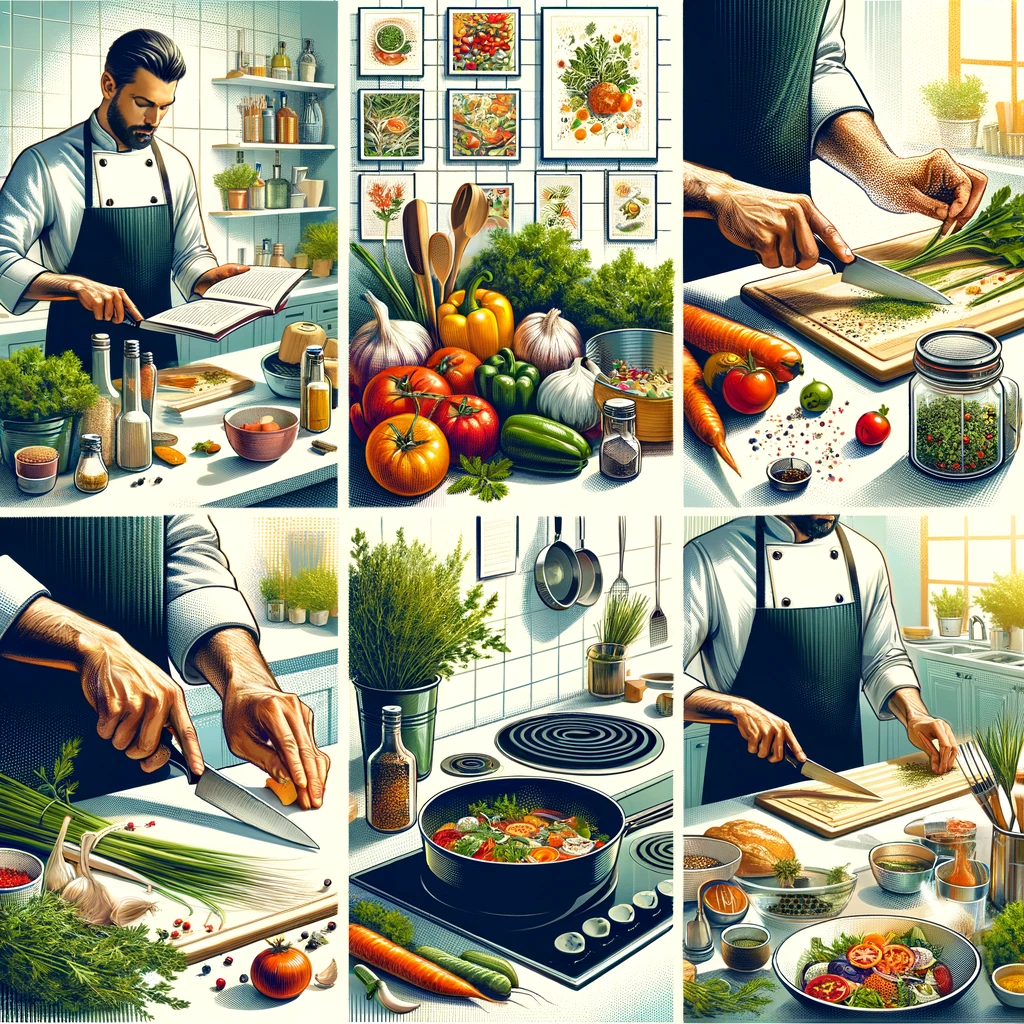 Vibrant kitchen scene demonstrating essential cooking tips, including reading a recipe, chopping vegetables, seasoning a dish, and using fresh herbs, with various pots and pans on the stove.