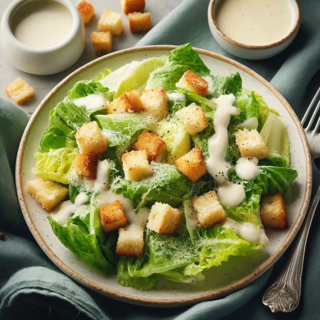 Classic Caesar Salad with crisp romaine lettuce, croutons, and creamy dressing, served on a plate.