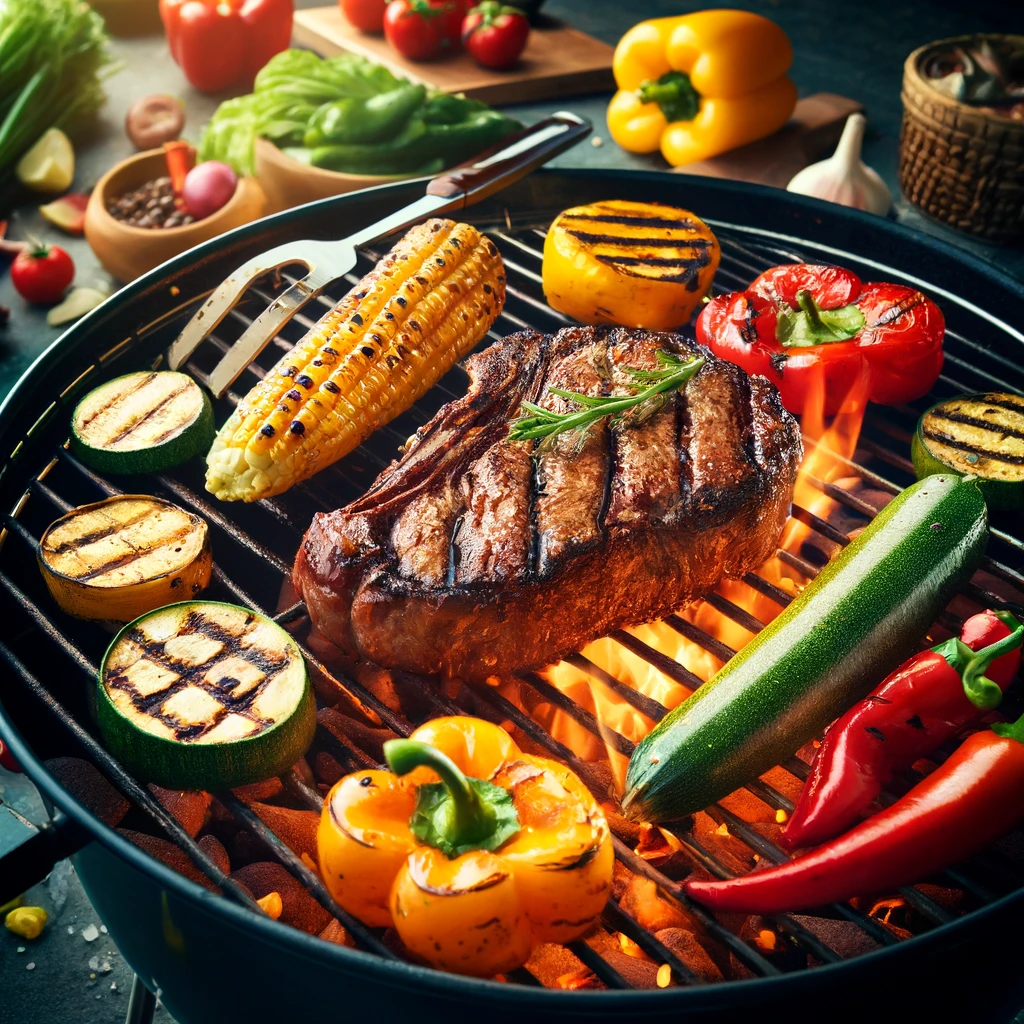 Mastering the art of grilling and BBQ with perfectly grilled steaks and vegetables on a barbecue grill.