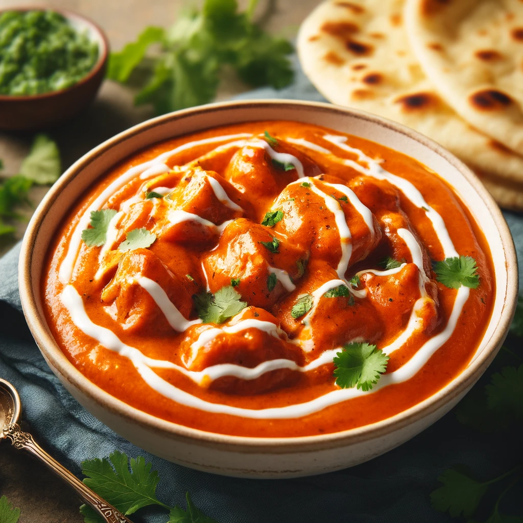 Butter Chicken (Murgh Makhani) served with naan and garnished with fresh cilantro leaves.