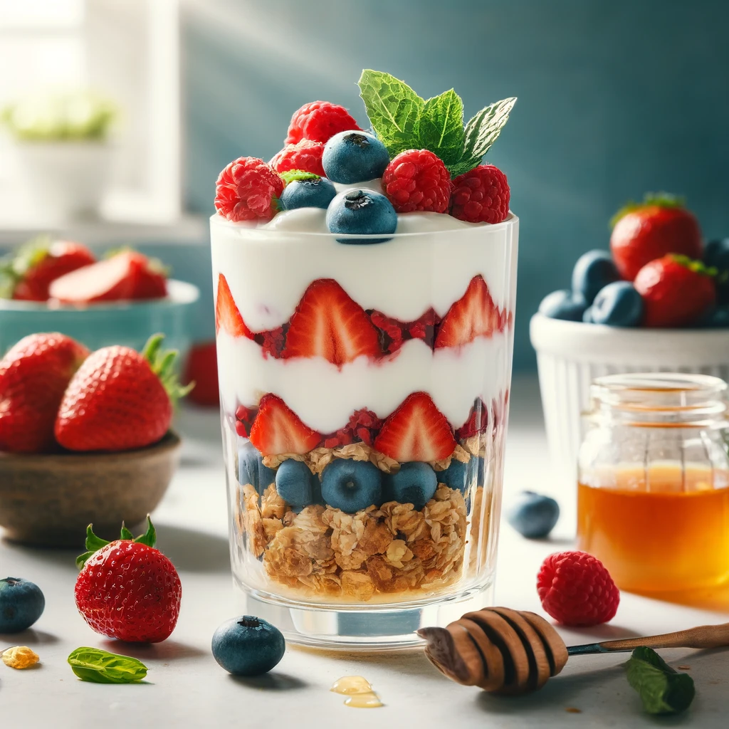 Refreshing Summer Berry Parfait in a tall glass with layers of Greek yogurt, granola, and fresh strawberries, blueberries, and raspberries, garnished with honey and mint leaves, set in a bright and airy kitchen.