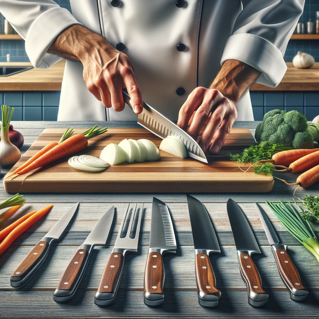Chef demonstrating knife skills, finely chopping onions on a wooden board, surrounded by various vegetables and different types of knives in a modern kitchen.