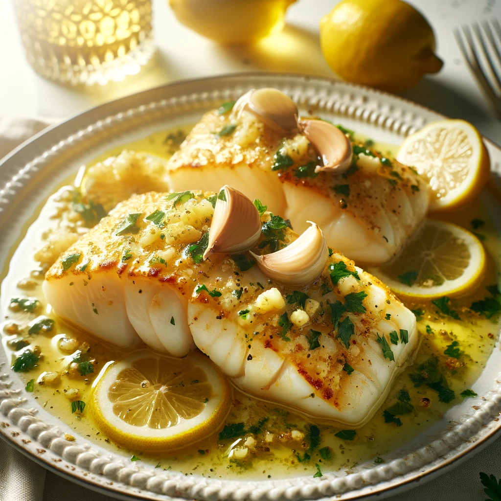 Garlic Butter Baked Cod on a white plate, golden and flaky, topped with garlic butter sauce, garnished with lemon slices on a sophisticated dining table with ambient lighting.