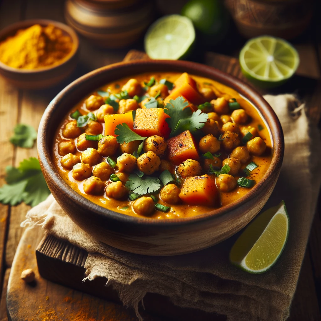 A rustic bowl filled with Spiced Chickpea Stew, brimming with tender chickpeas and sweet potato cubes in a creamy, golden turmeric and coconut milk base. Garnished with fresh cilantro and accompanied by a lime wedge, the stew is set against a wooden table backdrop under warm lighting, enhancing its rich colors and comforting texture.