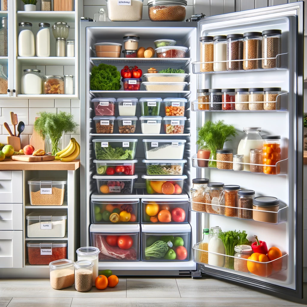 Well-organized kitchen showcasing proper food storage techniques with labeled containers in a clean refrigerator and pantry, emphasizing cleanliness and organization.