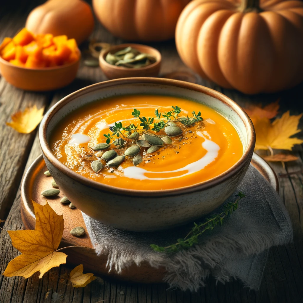 Cozy bowl of Creamy Butternut Squash Soup topped with coconut milk, fresh thyme, and pumpkin seeds, set on a rustic wooden table with autumn leaves and whole butternut squashes.