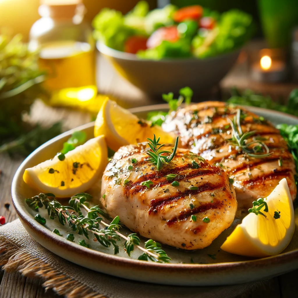 Delicious plate of Lemon Herb Grilled Chicken with grill marks, garnished with fresh lemon slices and herbs, served with a fresh salad and grilled vegetables on a rustic wooden table.