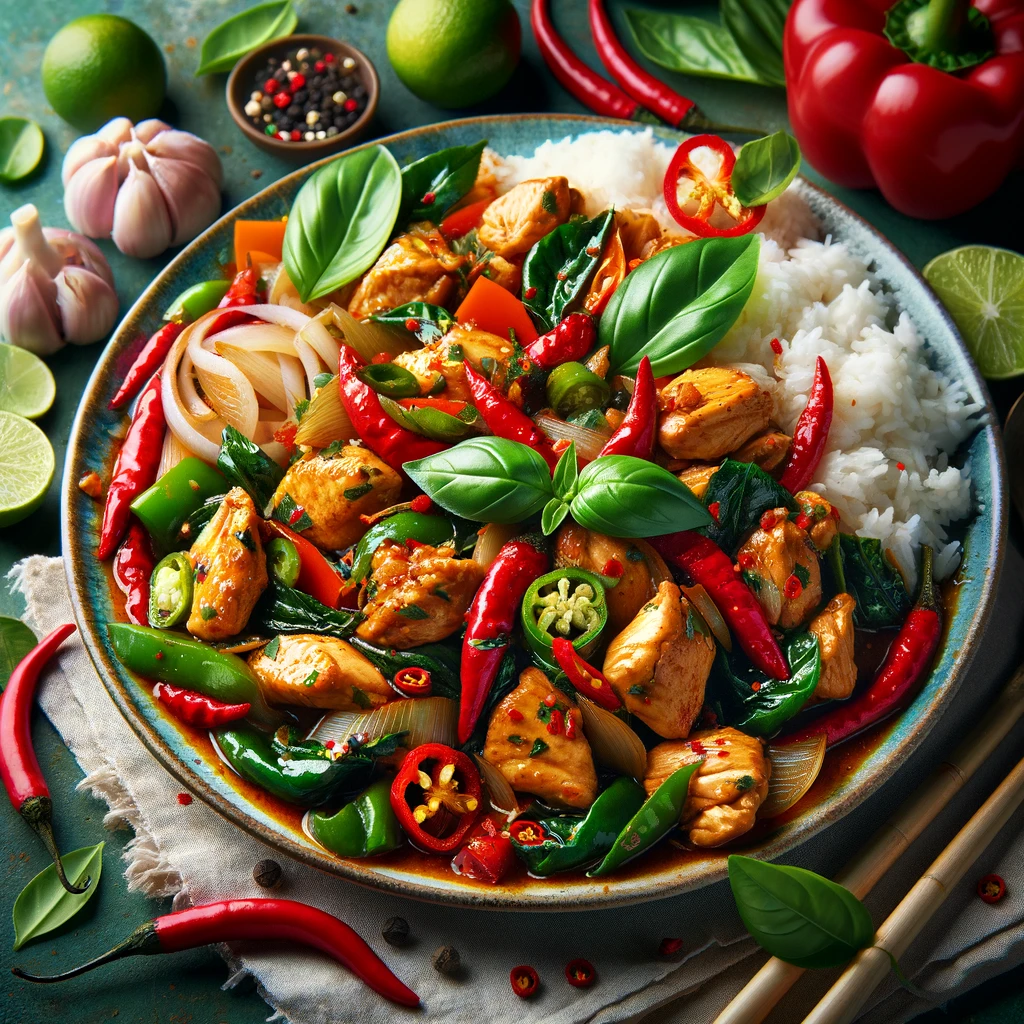 Spicy Thai Basil Chicken (Pad Krapow Gai) served with jasmine rice and garnished with lime wedges and Thai basil leaves.