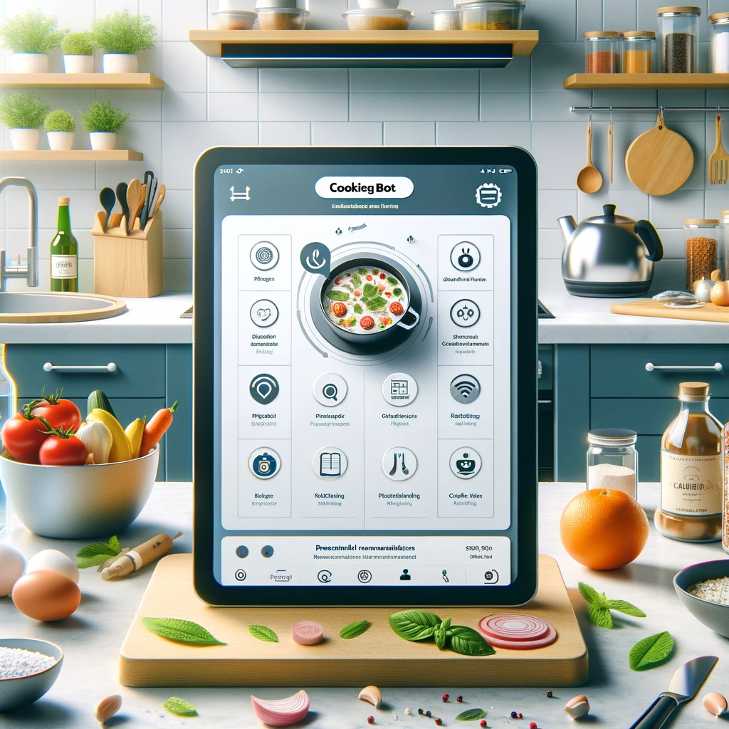 Inviting image showcasing the CookingBot.com app on a tablet in a modern kitchen, displaying a recipe with step-by-step instructions, photos, and nutritional information, surrounded by fresh ingredients and cooking utensils, emphasizing the features and benefits of CookingBot.com.