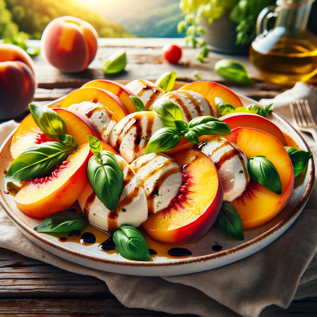 A vibrant Peach Caprese Salad elegantly presented on a rustic wooden table. Alternating slices of juicy peaches and creamy mozzarella cheese are beautifully layered and adorned with fresh basil leaves. The salad is drizzled with a glossy balsamic glaze, and the sunny outdoor setting highlights the fresh, summery appeal of the dish.