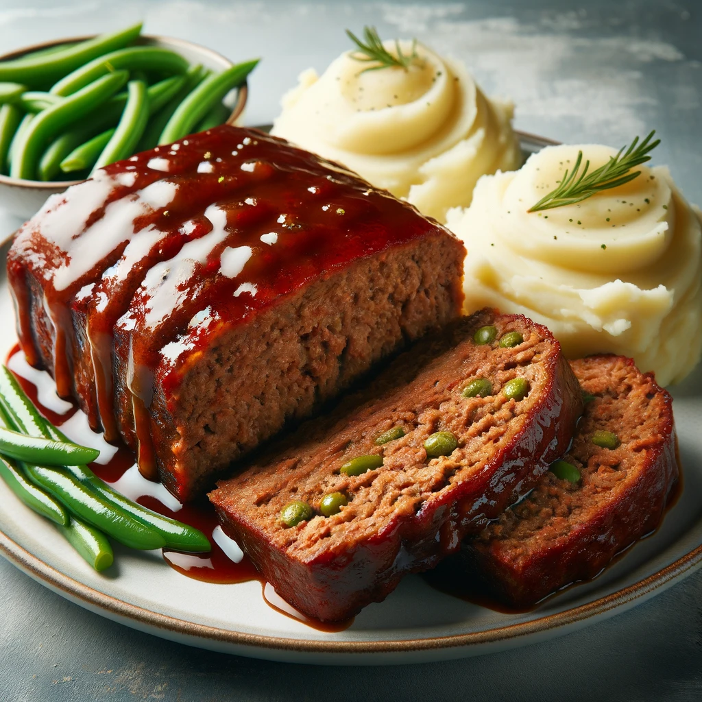 Classic Meatloaf with a tangy glaze, served with mashed potatoes and green beans.