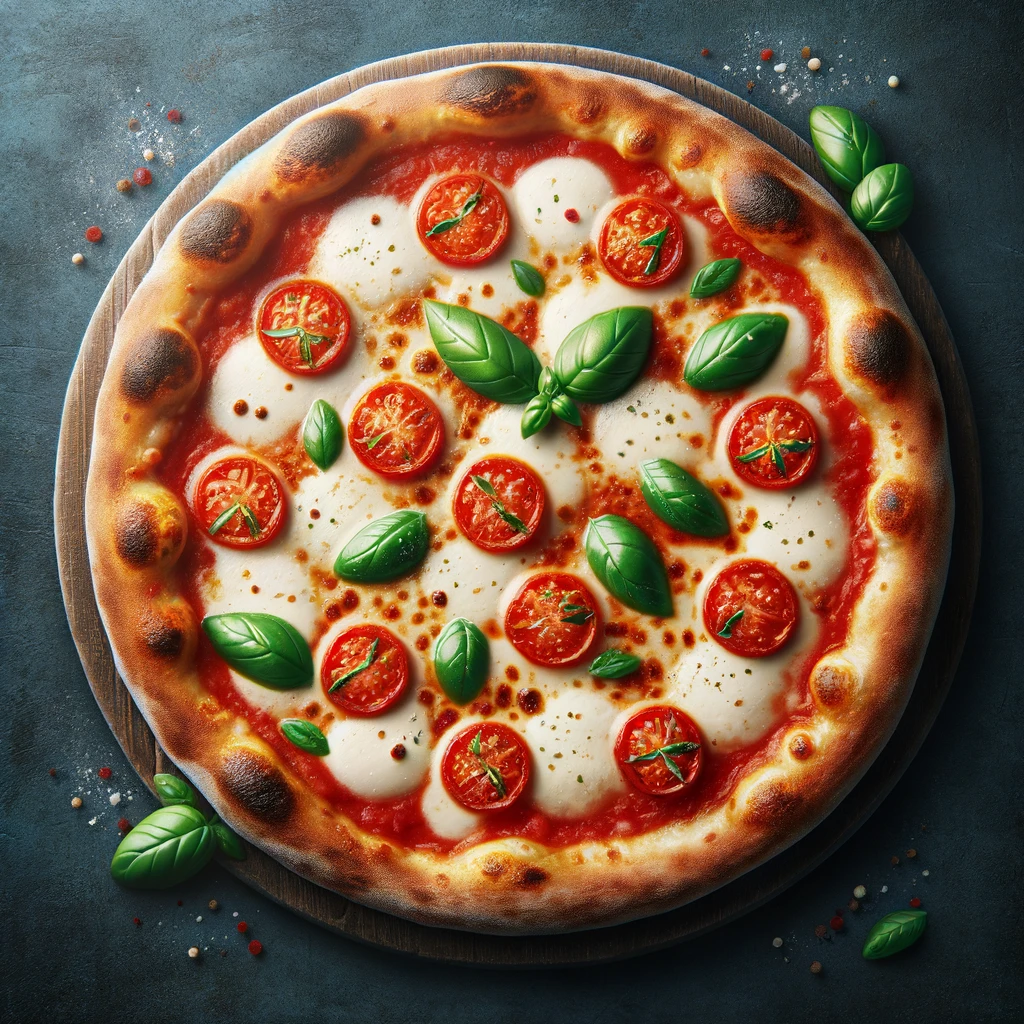 Classic Margherita Pizza with a crispy crust, fresh tomato sauce, mozzarella cheese, and basil leaves.