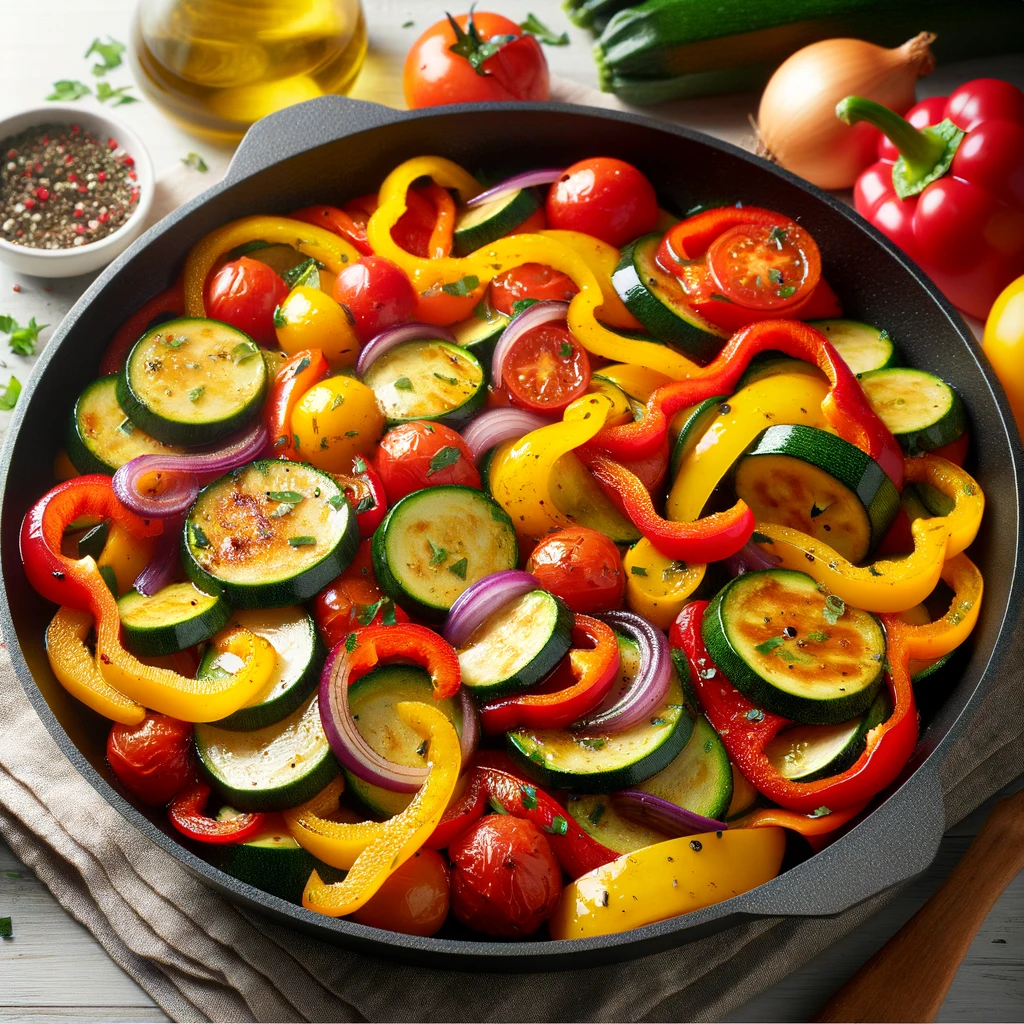 Colorful sautéed vegetable medley with bell peppers, zucchini, squash, and red onion in a skillet.