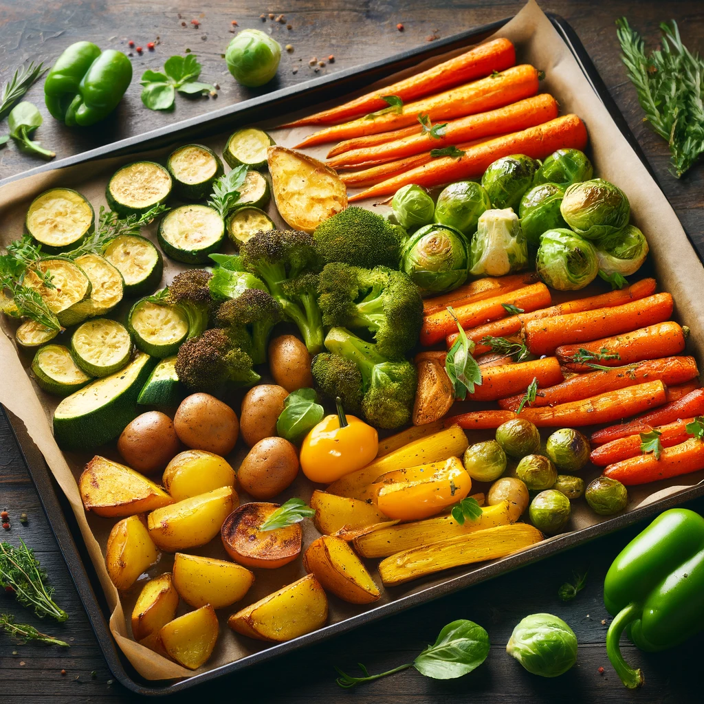 Perfectly roasted vegetables including carrots, bell peppers, zucchini, broccoli, Brussels sprouts, and potatoes, garnished with fresh herbs.