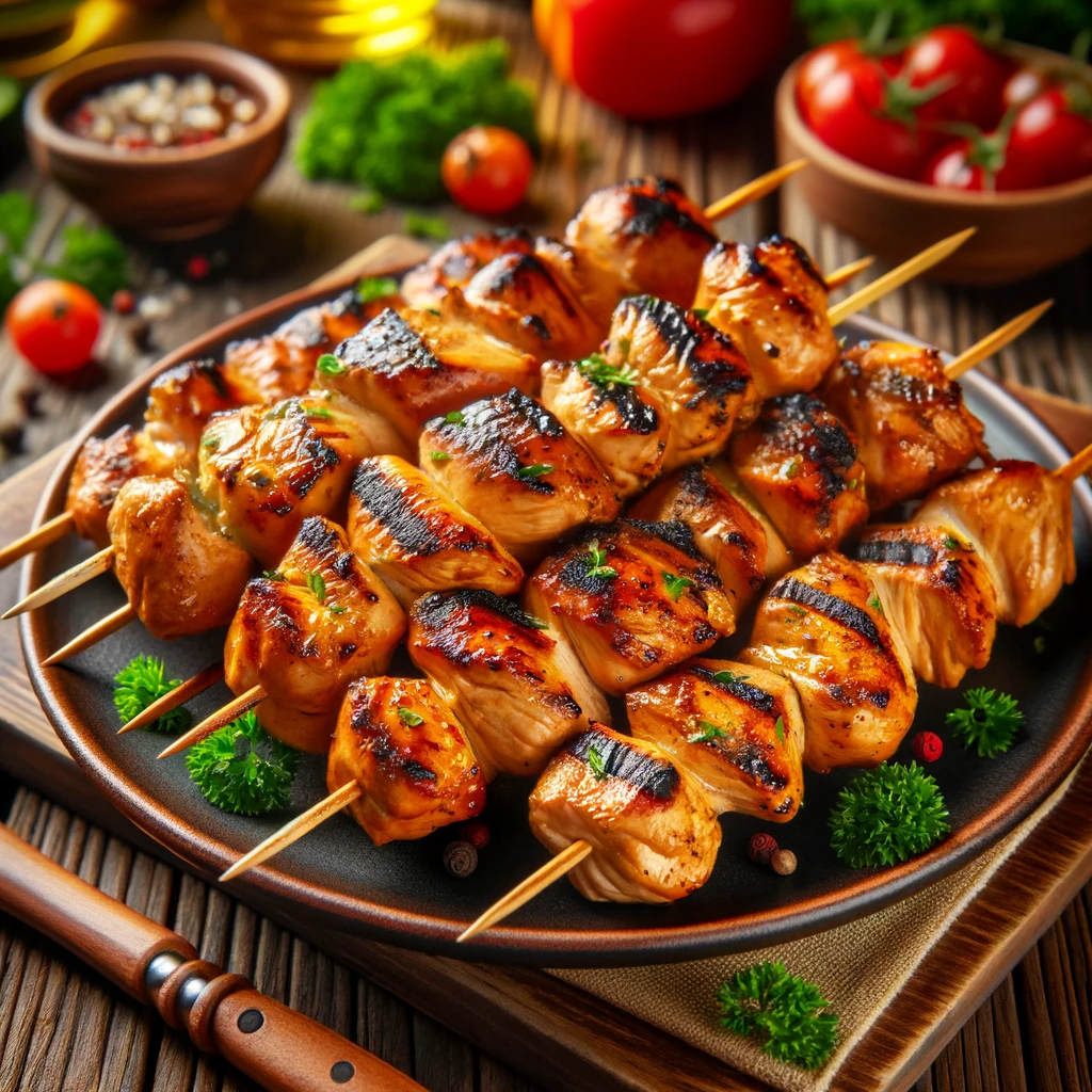 Plate of BBQ Chicken Skewers grilled to perfection, featuring juicy, tender chicken pieces with a nice char, garnished with fresh parsley, set on a rustic wooden table with a summer barbecue setting in the background.