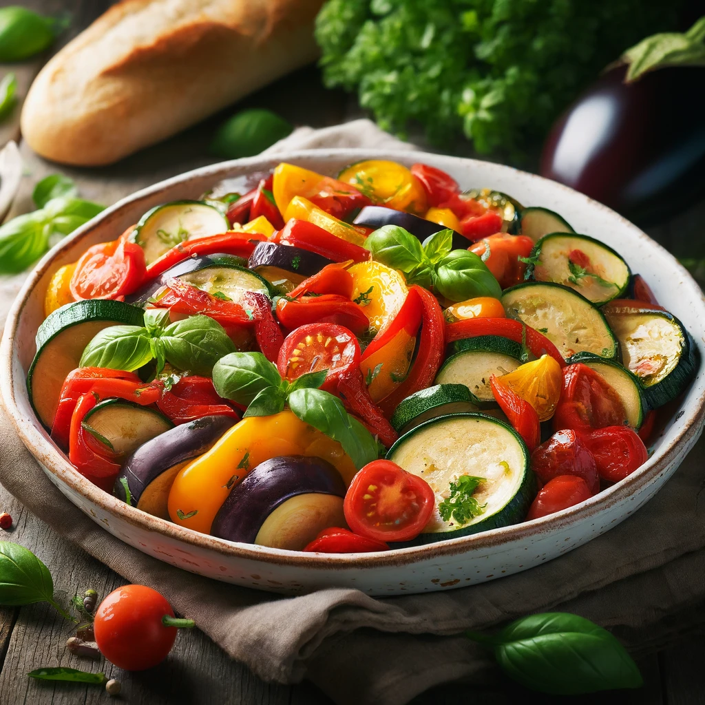 Vibrant plate of Classic Ratatouille with a colorful medley of diced eggplant, zucchini, bell peppers, and tomatoes, garnished with fresh basil leaves, set on a rustic white dish with a French countryside feel.