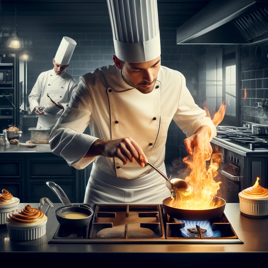 Chef in a professional kitchen demonstrating French cooking techniques, including flambéing with dramatic flames and whisking hollandaise sauce, with a perfectly risen soufflé in the background.