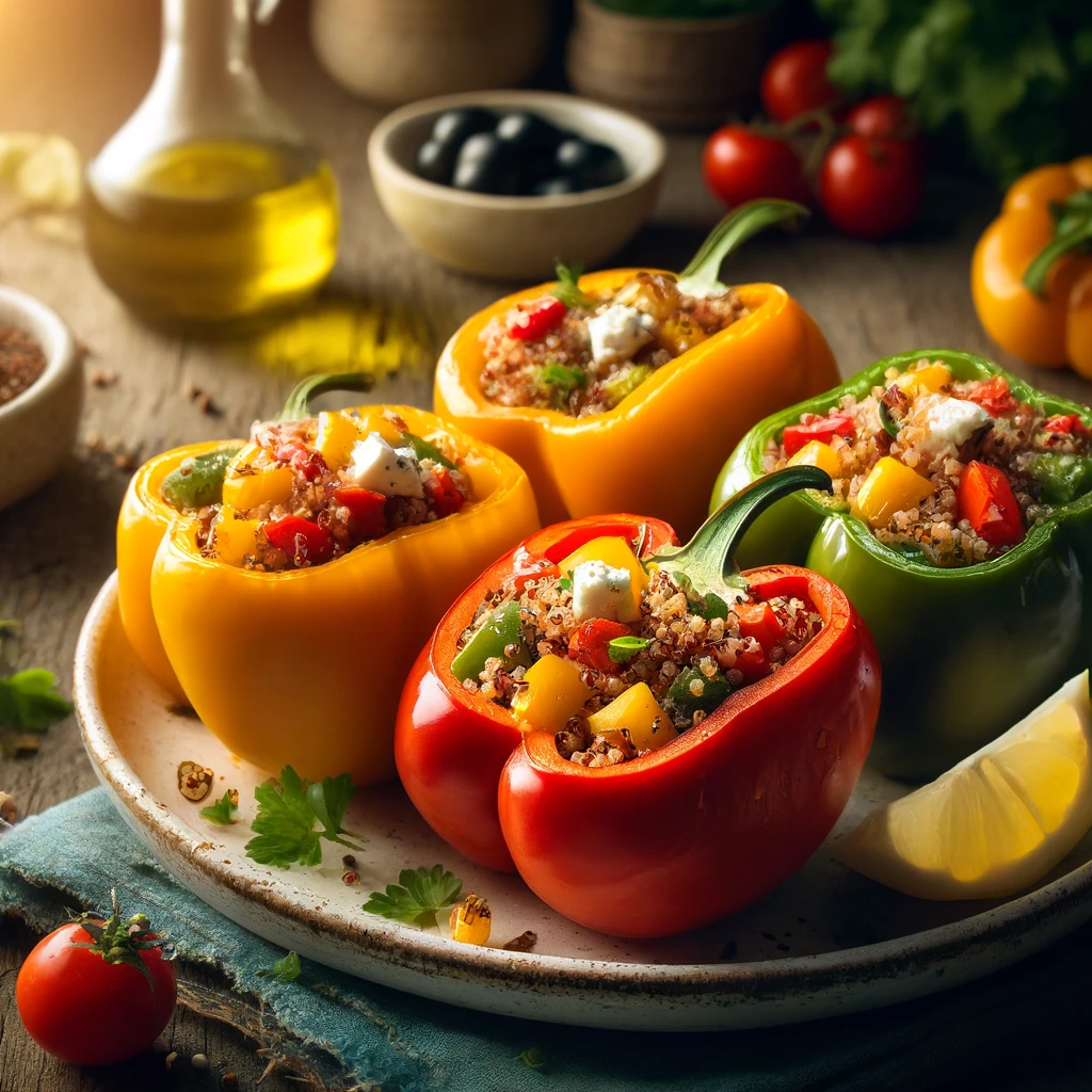Vibrant plate of Mediterranean Stuffed Peppers filled with quinoa, vegetables, and feta cheese, garnished with fresh parsley and lemon wedges, set on a rustic white plate with Mediterranean-inspired decor.