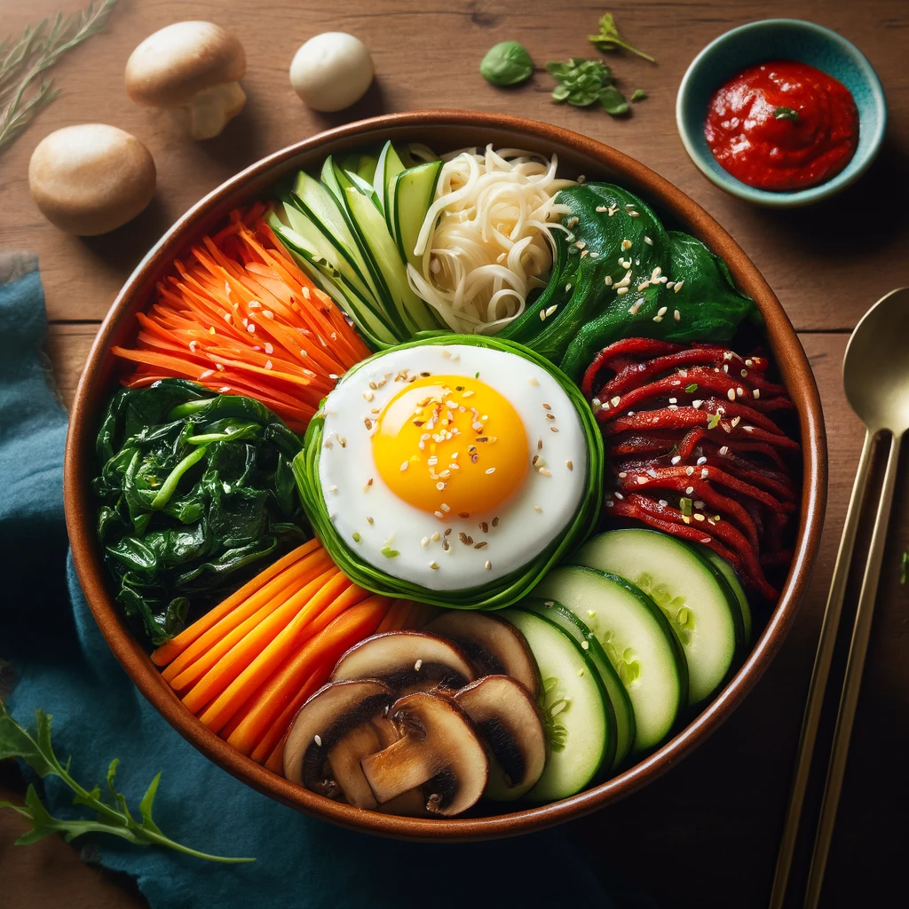 Vibrant bowl of Spicy Korean Bibimbap with sections of colorful vegetables, marinated beef, and a fried egg, served with gochujang sauce on a wooden table.