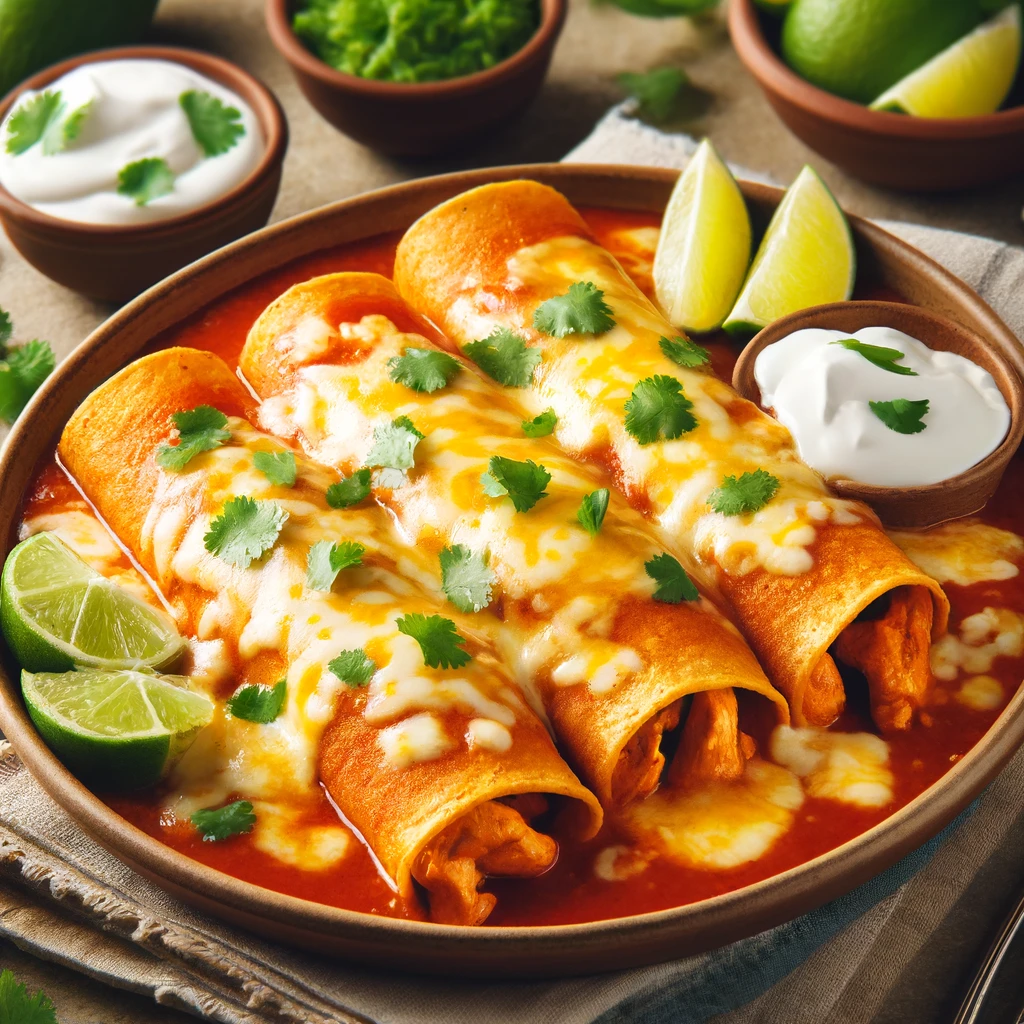 Authentic Mexican Chicken Enchiladas topped with melted cheese and garnished with fresh cilantro, served with sour cream and lime wedges.