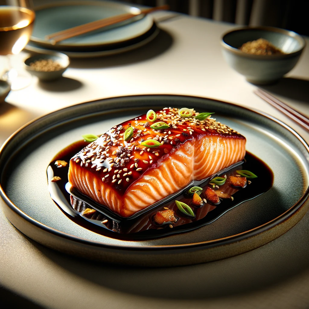 Ginger Soy Glazed Salmon on a modern plate, garnished with sesame seeds and scallions, set against an elegant, softly lit background.