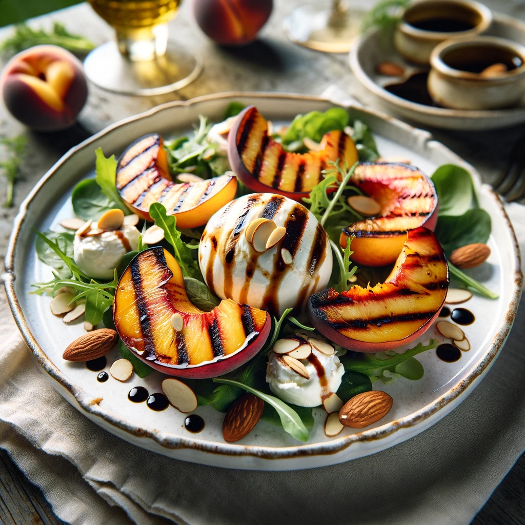 A sumptuous Grilled Peach and Burrata Salad is presented on a white ceramic plate, featuring a bed of fresh mixed greens topped with beautifully grilled peach slices, showing distinct grill marks. Creamy burrata cheese is interspersed among the greens, and toasted almond slices add a delightful crunch. The salad is finished with a drizzle of rich balsamic glaze, all set in an outdoor summer dining setting with natural lighting that enhances the fresh, vibrant appeal of the dish.