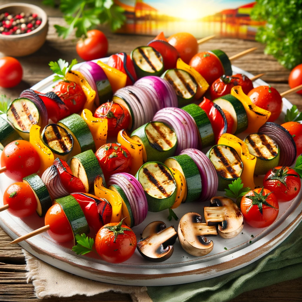 Colorful Grilled Vegetable Skewers with red and yellow bell peppers, zucchini, red onion, cherry tomatoes, and mushrooms on a white serving platter, garnished with fresh parsley, set on a rustic wooden table in a vibrant summer setting.