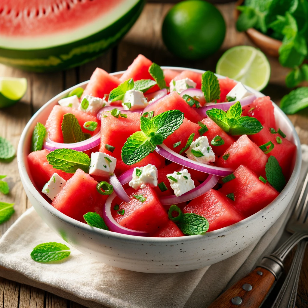 Refreshing summer Watermelon Salad with watermelon cubes, feta cheese, red onion, and mint leaves, drizzled with olive oil and lime juice dressing, presented in a white bowl on a rustic wooden table.