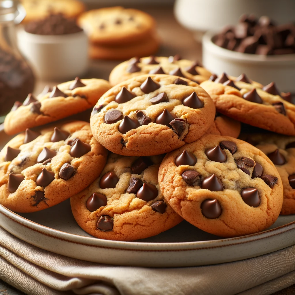 Classic Chocolate Chip Cookies with crisp edges and chewy centers, served on a plate.