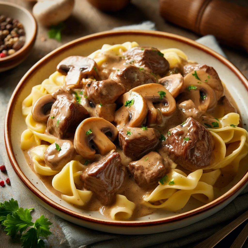 Classic Beef Stroganoff with tender beef strips, mushrooms, and creamy sauce served over egg noodles, garnished with fresh parsley