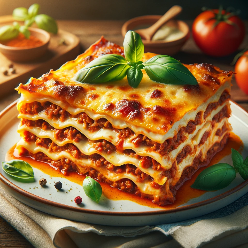 Classic Italian Lasagna with layers of meat sauce, béchamel, and cheese, garnished with fresh basil leaves.