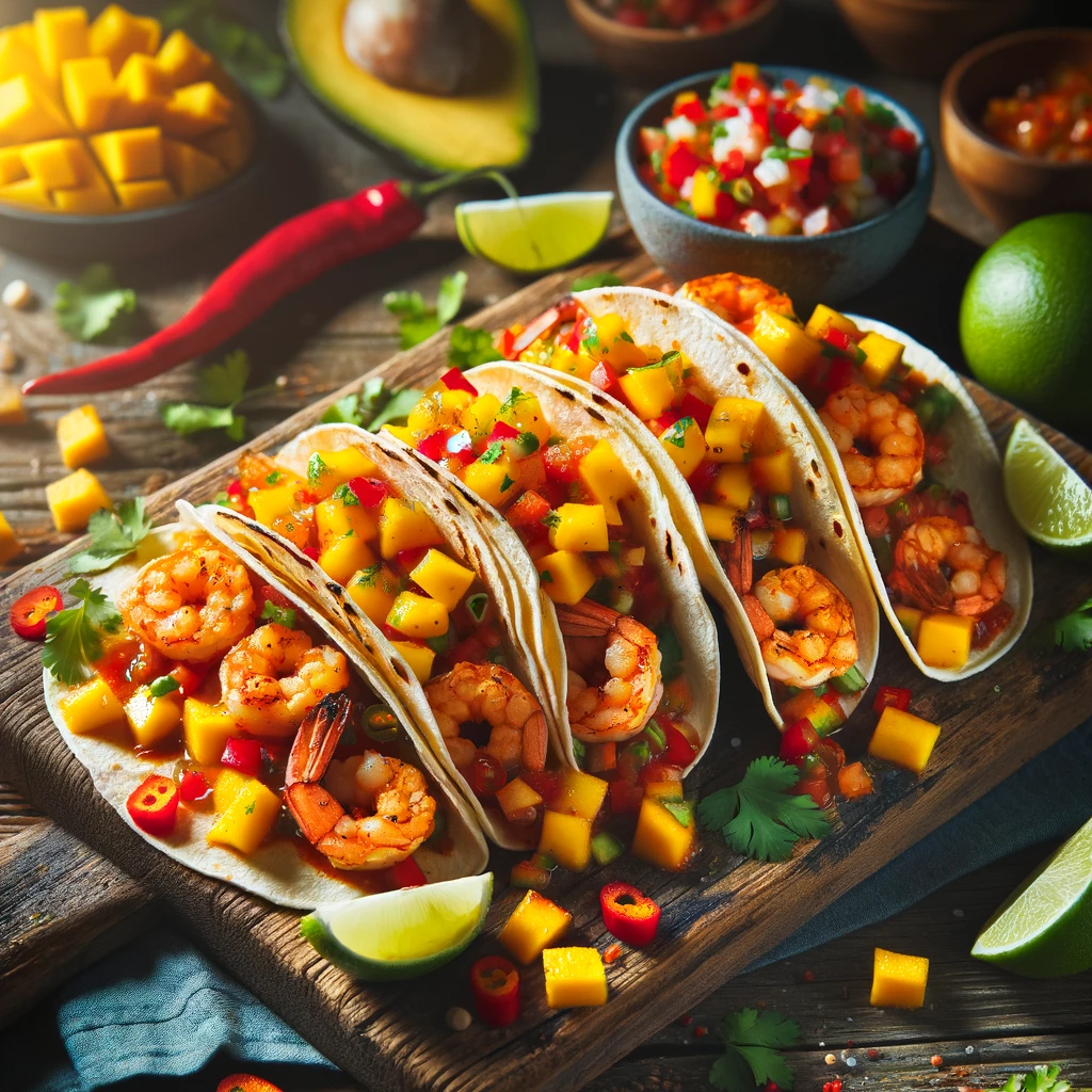 A vibrant array of Spicy Shrimp Tacos arranged on a rustic wooden board, each taco filled with juicy, chili-spiced shrimp and topped with a colorful mango salsa of diced mango, red bell pepper, and green cilantro. The tacos are accompanied by creamy avocado slices and a dollop of sour cream, with lime wedges on the side, all set under warm, inviting lighting.
