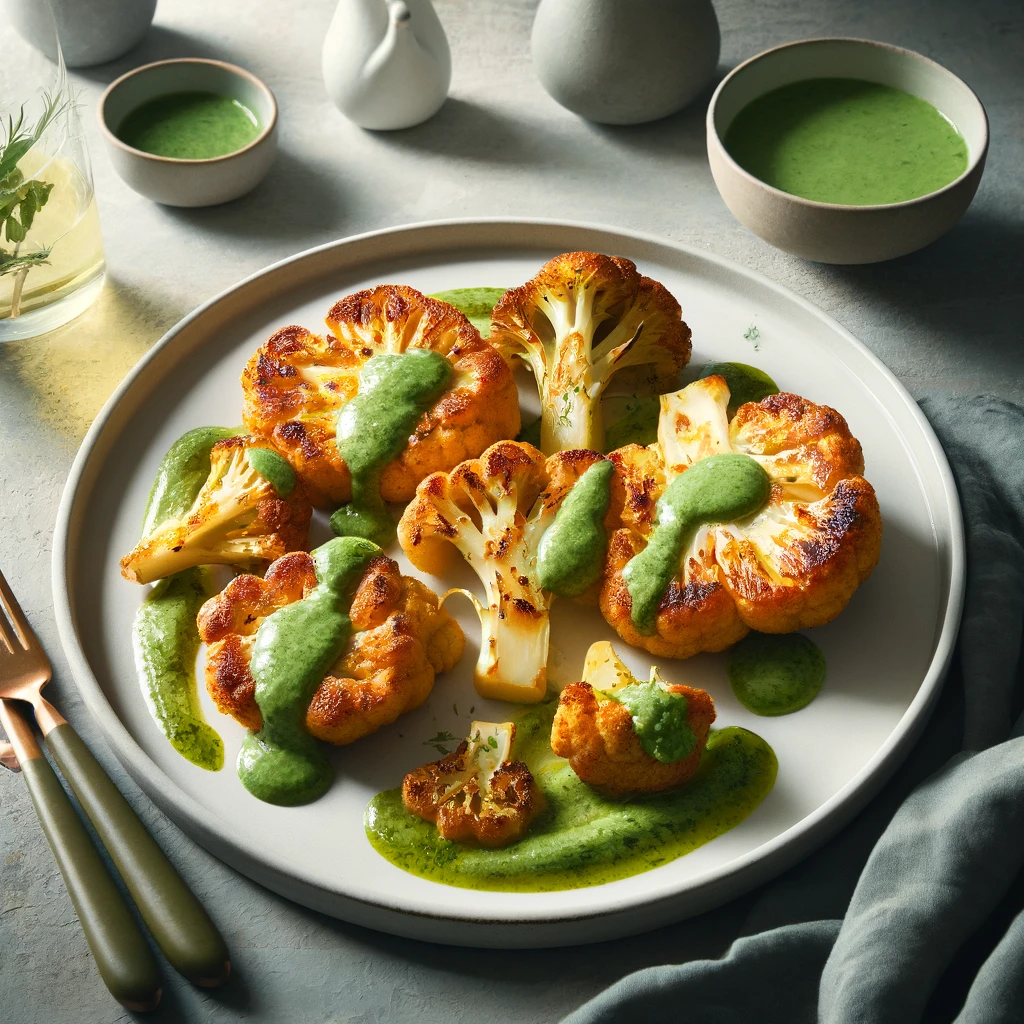 Roasted Cauliflower Steaks on a modern plate, caramelized to a golden-brown and topped with vibrant green herb sauce. The minimalist setting with sophisticated tableware enhances the dish's elegant and healthy appeal.
