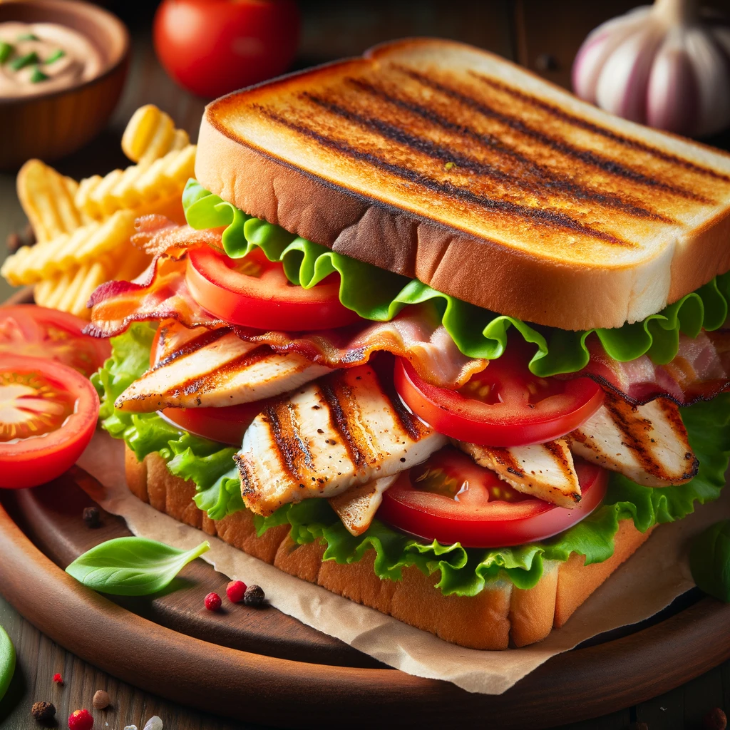 Grilled Chicken BLT Sandwich with crispy bacon, fresh lettuce, juicy tomatoes, and grilled chicken slices on toasted bread.