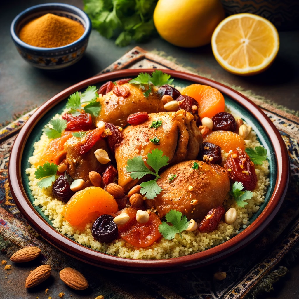 Moroccan Chicken Tagine with tender chicken, dried fruits, and a blend of spices, served over couscous and garnished with fresh herbs and toasted almonds.