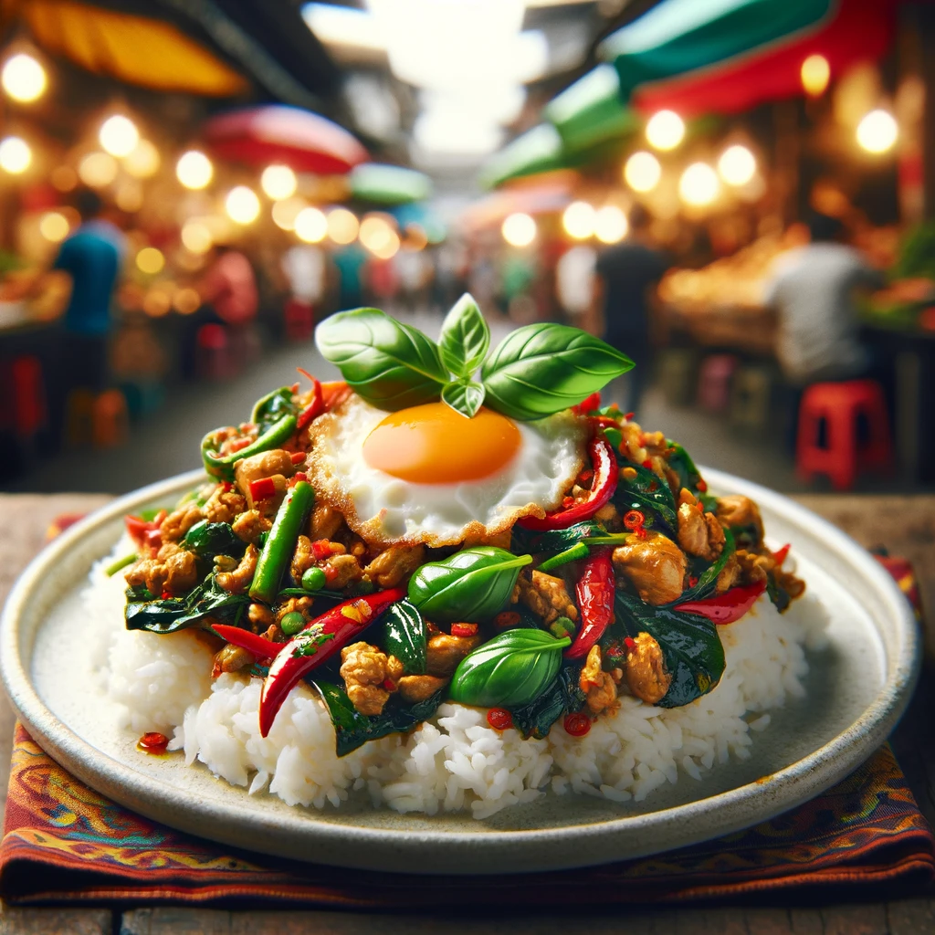 Thai Basil Chicken served over steamed rice on a white plate, topped with a fried egg, surrounded by Thai basil leaves, red chilies, and bell pepper slices, set against a vibrant street food market backdrop.