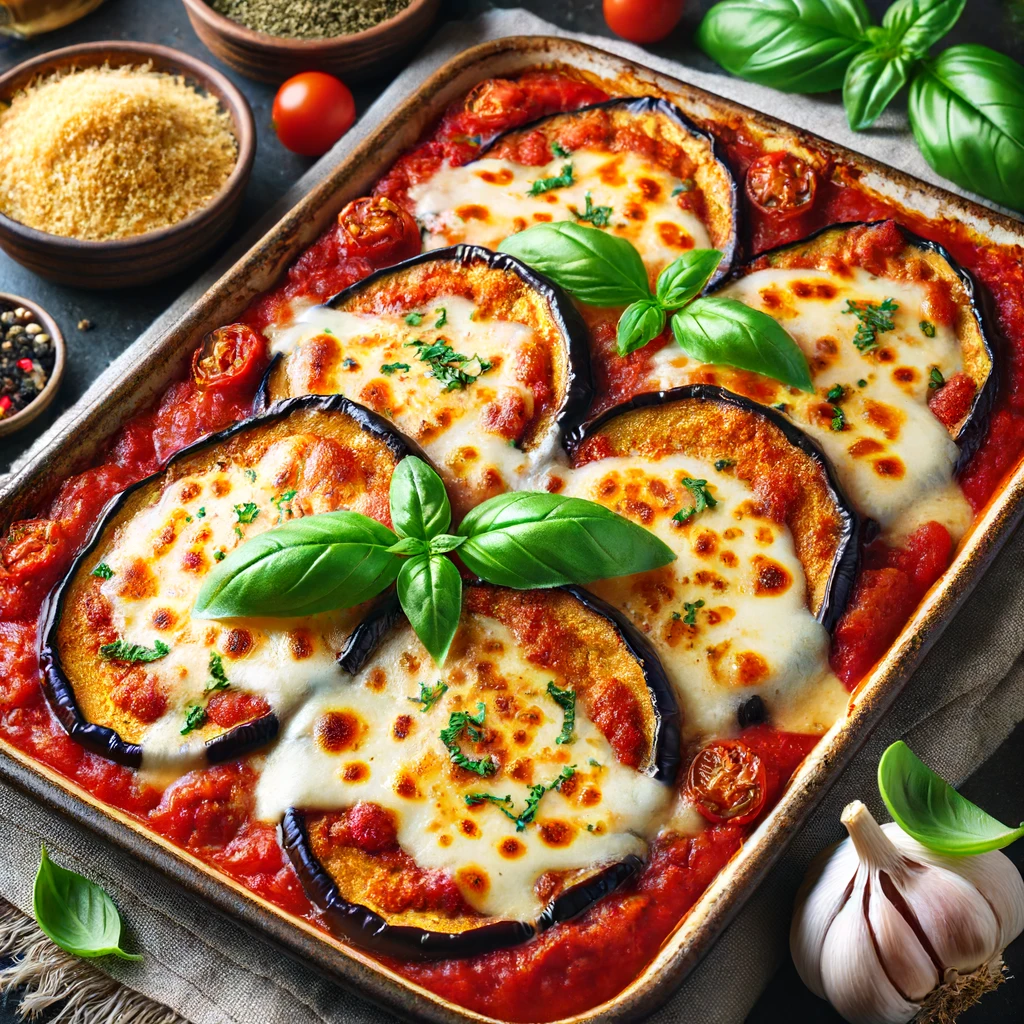 Eggplant Parmesan with breaded eggplant slices, marinara sauce, and melted mozzarella cheese, garnished with fresh basil.