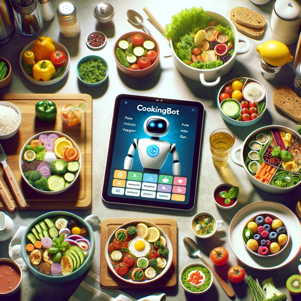 Various healthy dishes for different diet plans with CookingBot logo on a tablet